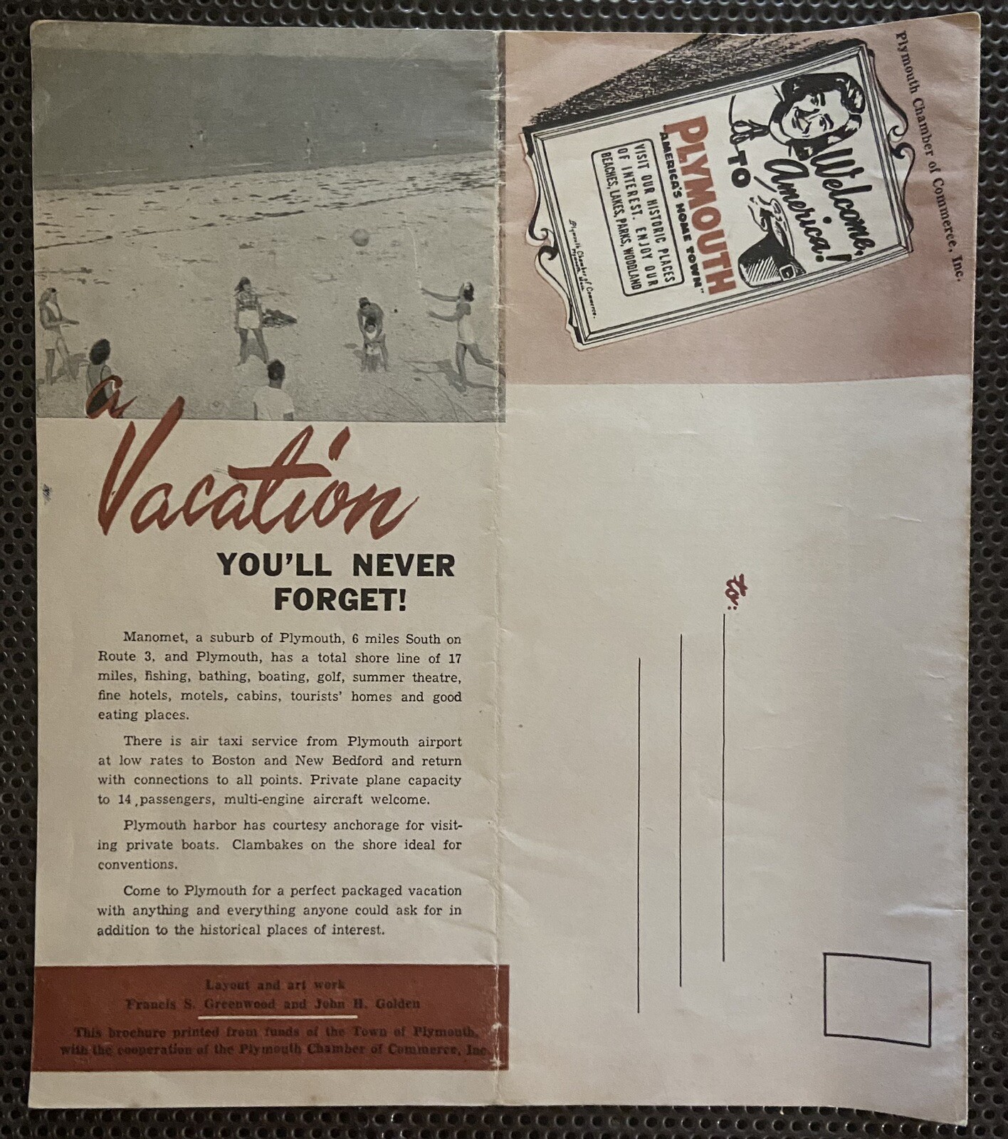 1940’s Souvenir TRAVEL Brochure/Mailer~”SEE Historic PLYMOUTH MASS First”~MAP~