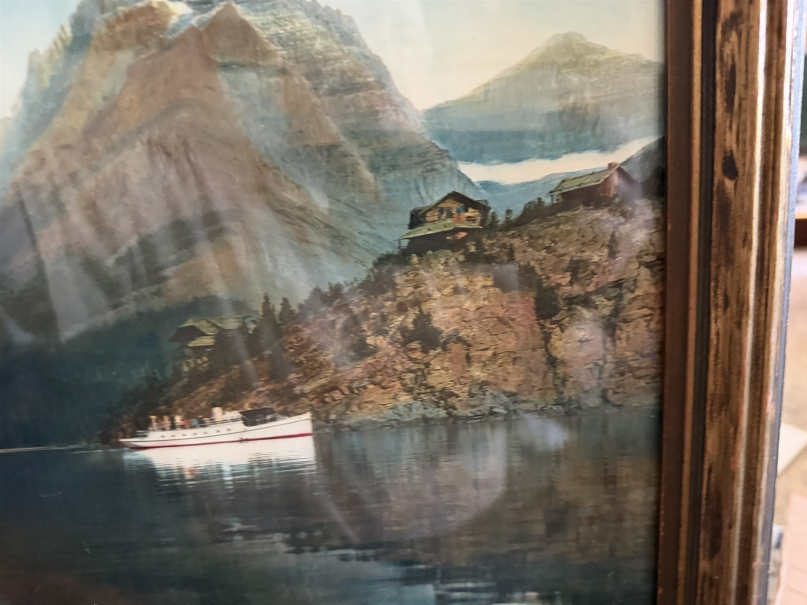 1920’s era Framed Glacier National Park St. Mary’s Lake Boat Exceptional Color!