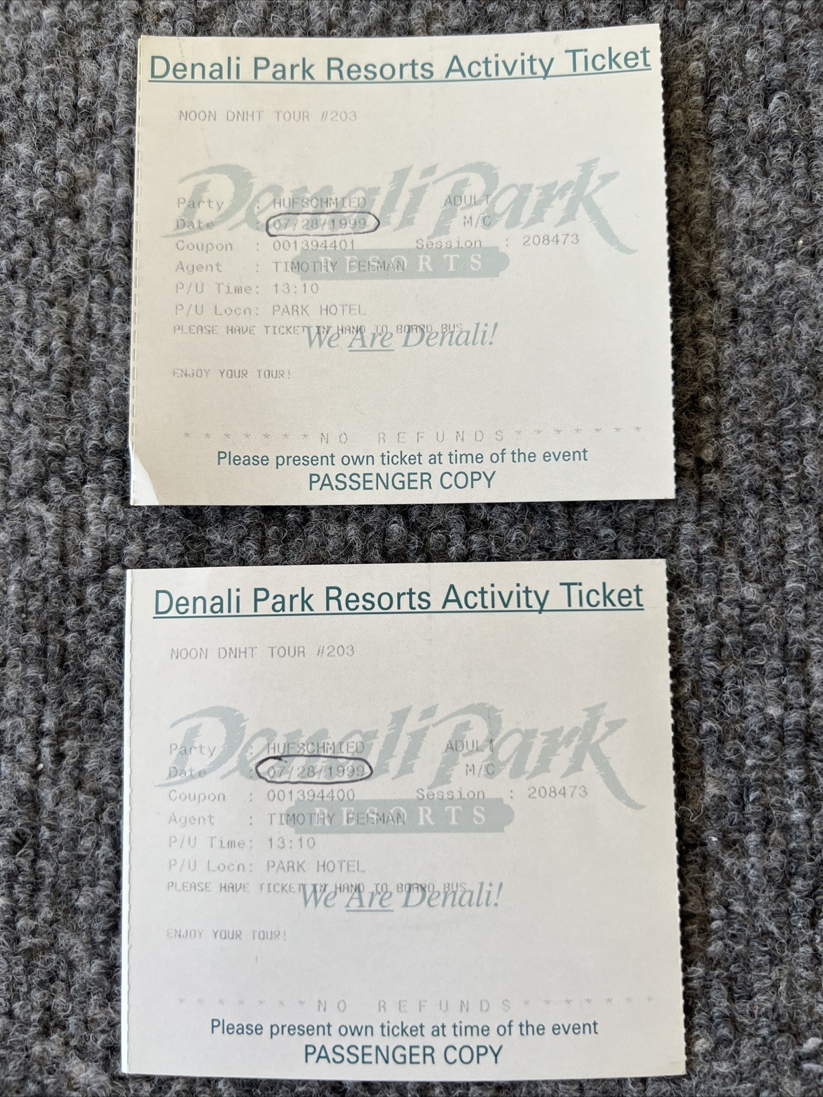 Denali National Park Resorts Alaska Trip Activity Pass Y2K Ticket Stub 7/28/1999