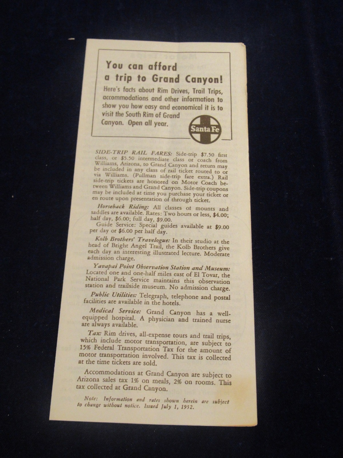 Vtg 1952 Grand Canyon National Park Santa Fe Railroad Travel Brochure AZ C675