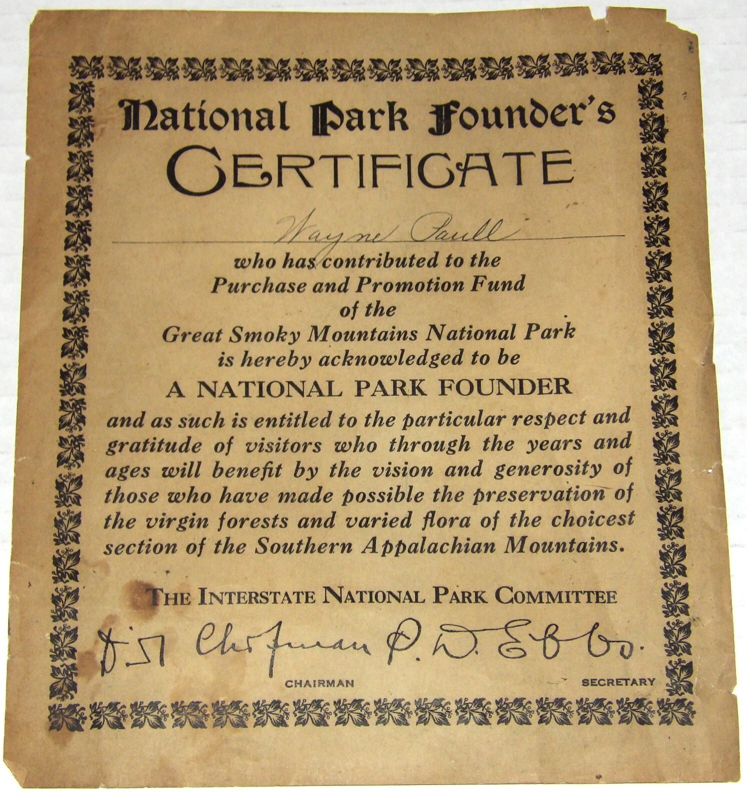 Vtg 1920/30s Great Smoky Mountains Natl Park Founder’s Certificate TN/NC History