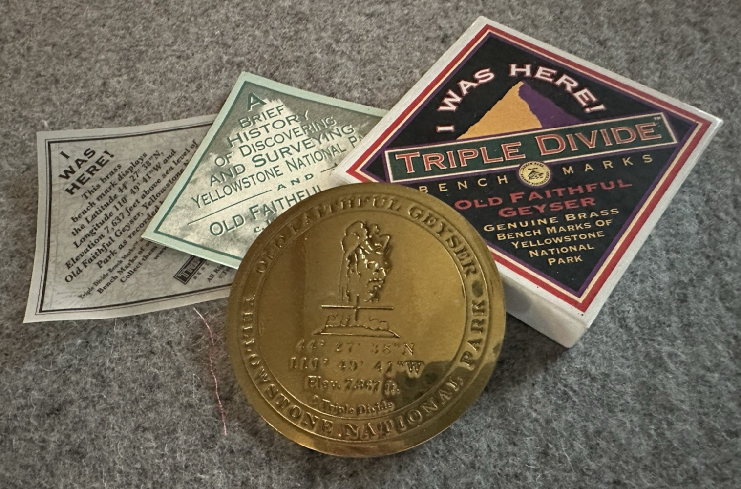 OLD FAITHFUL GEYSER Brass Bench Mark-Triple Divide-Includes Box & Booklet