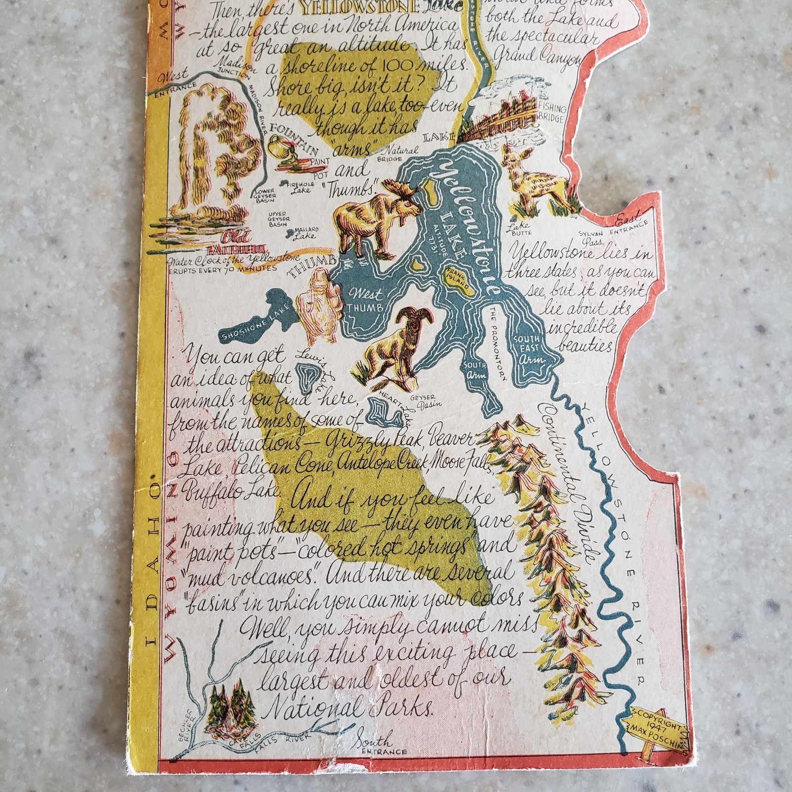 Vintage Yellowstone National Park Postcard Map DieCut 1948