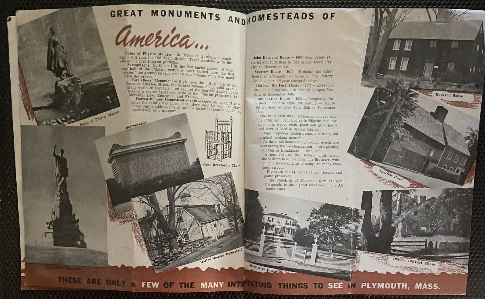 1940’s Souvenir TRAVEL Brochure/Mailer~”SEE Historic PLYMOUTH MASS First”~MAP~