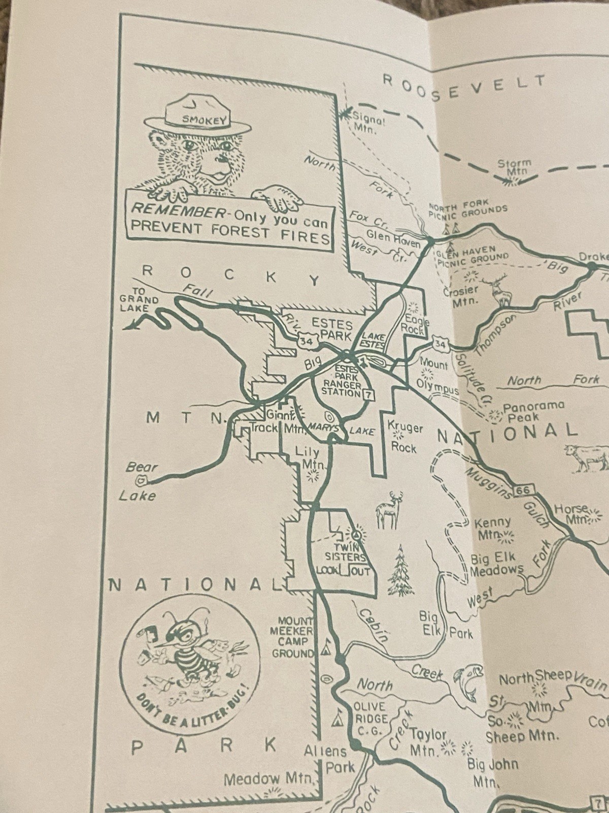 Vtg USDA Estes Park Roosevelt National Forest Brochure Map Smokey Bear Colorado