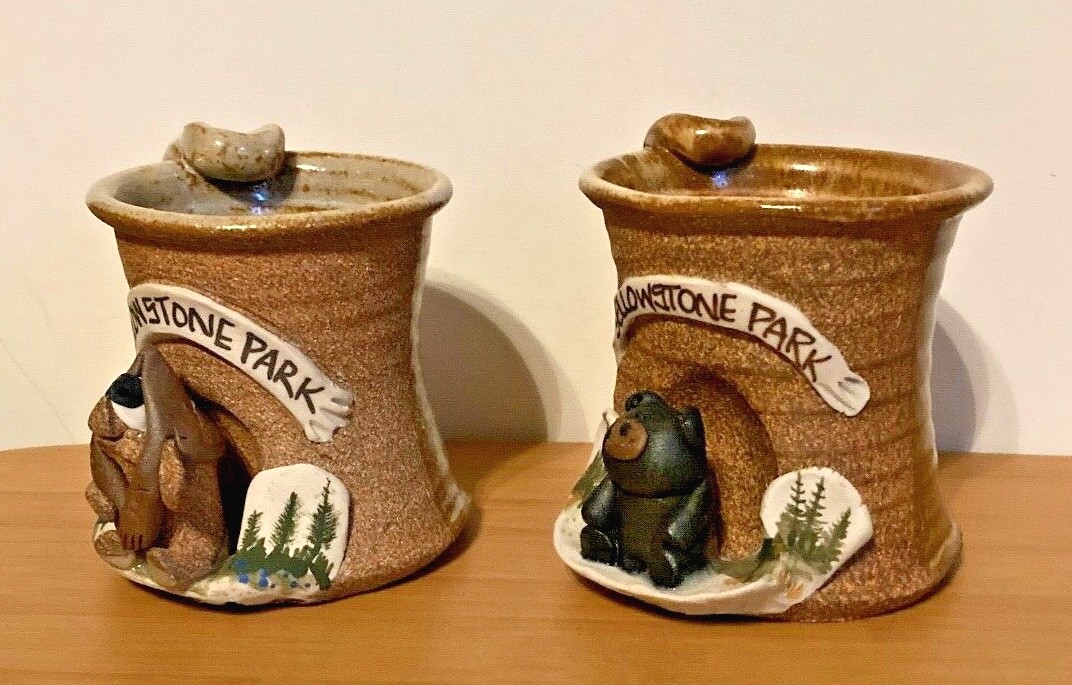 2 Yellowstone Park Souvenir Cups with Clay Ceramic Animal Figures