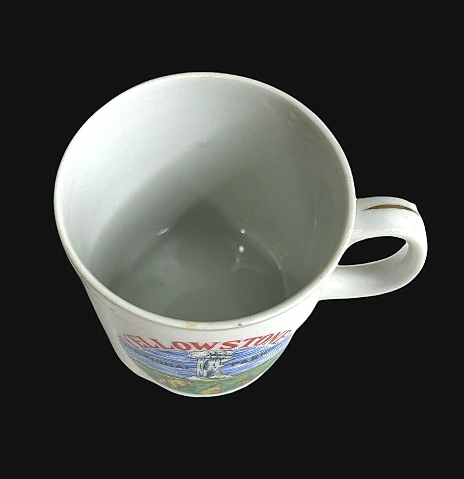 Yellowstone Park Small Mug Cup Old Faithful Geyser Bears 3″ Vintage Gold Trim