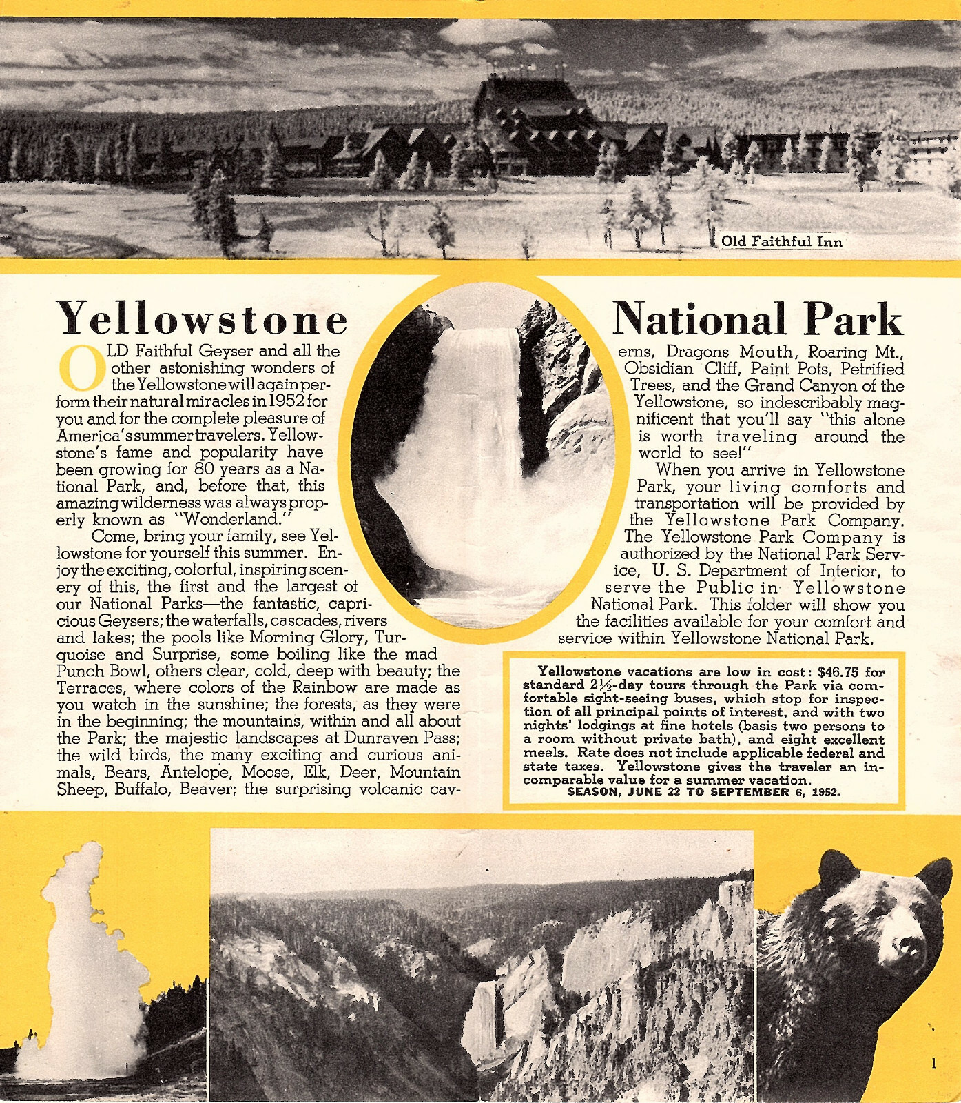 Yellowstone National Park 1952 Foldout Brochure Lodging Tours Photos Small Map