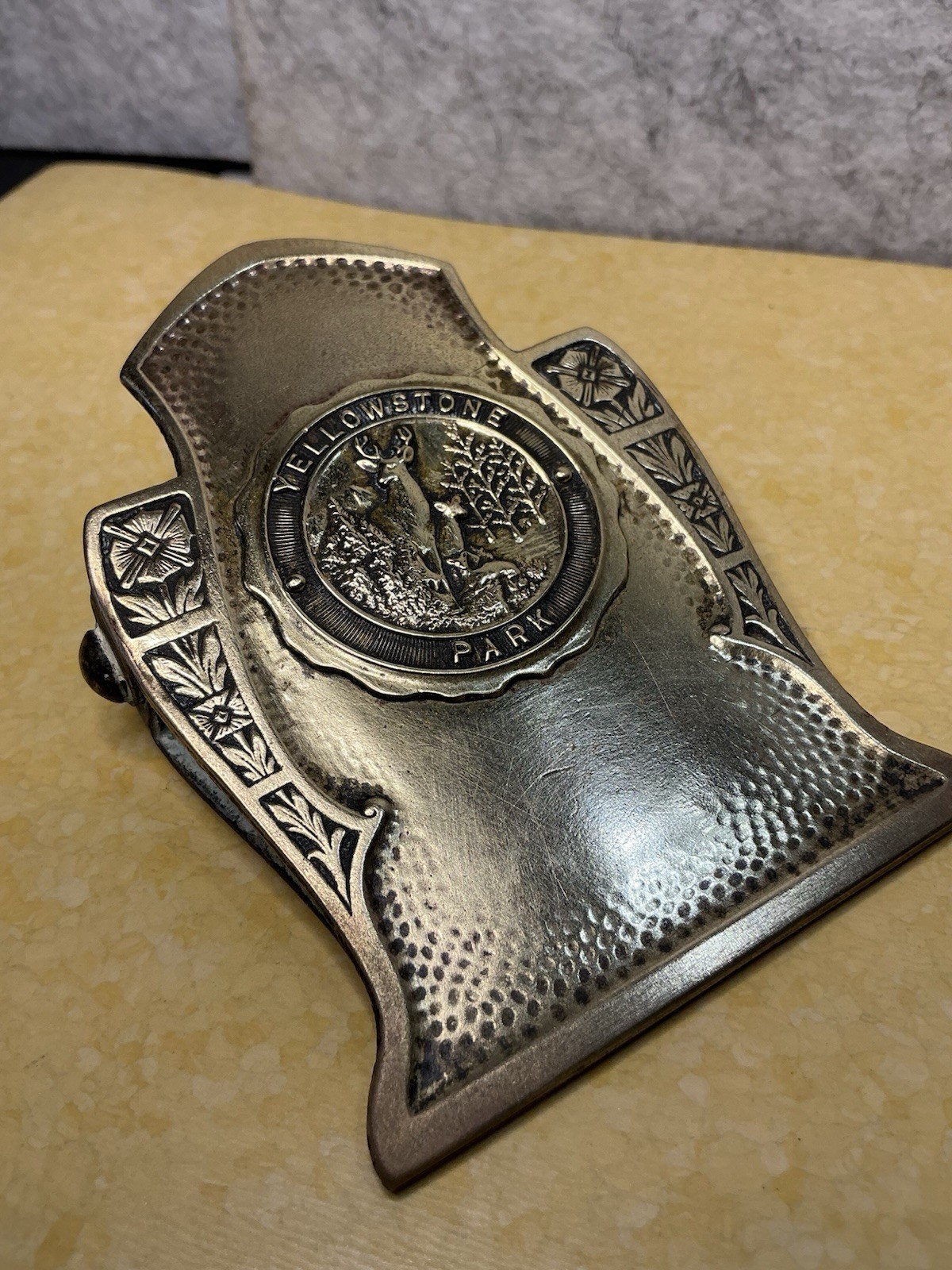 Antique Brass Yellowstone Park Souvenir Desk Binder Clip Art Nouveau Robbins Co.