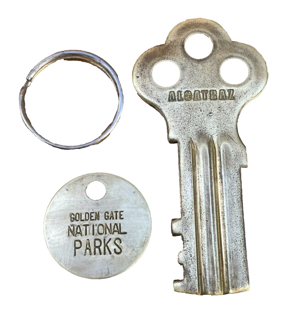 Vintage Souvenir Alcatrz Brass Key w/ Golden Gate National Park Tag Fob