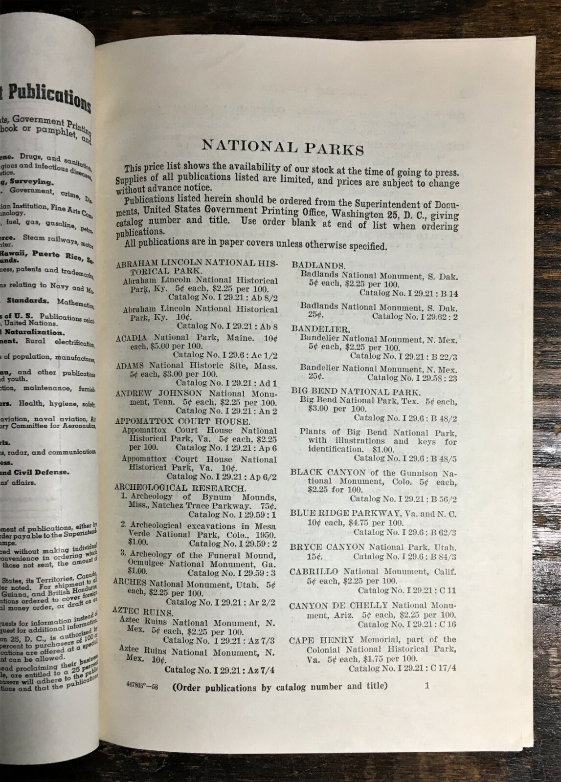 1958 List of National Park for Publications Available for Sale from Government