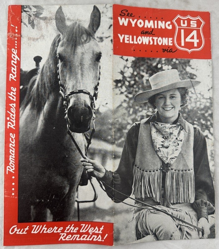 Antique Map Brochure US 14 Wyoming Yellowstone National Park Cowgirl Horse