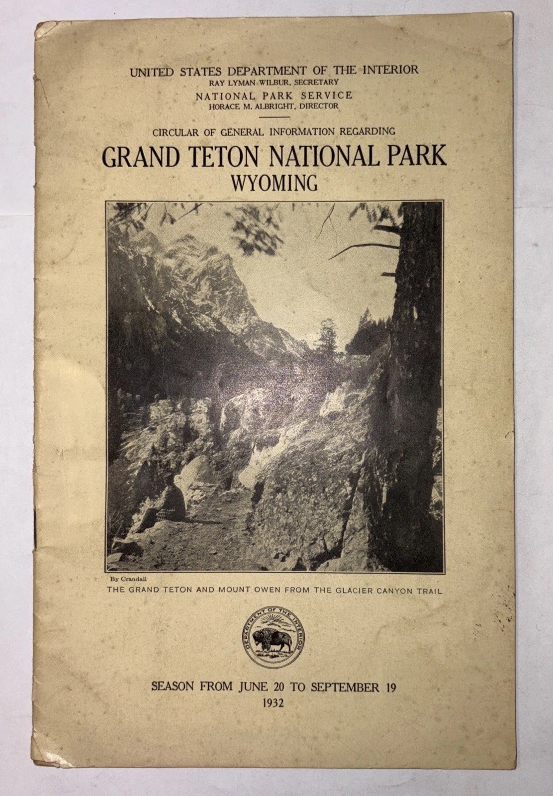 Grand Teton National Park Wyoming 1932 June To Sept Season Pamphlet Brochure