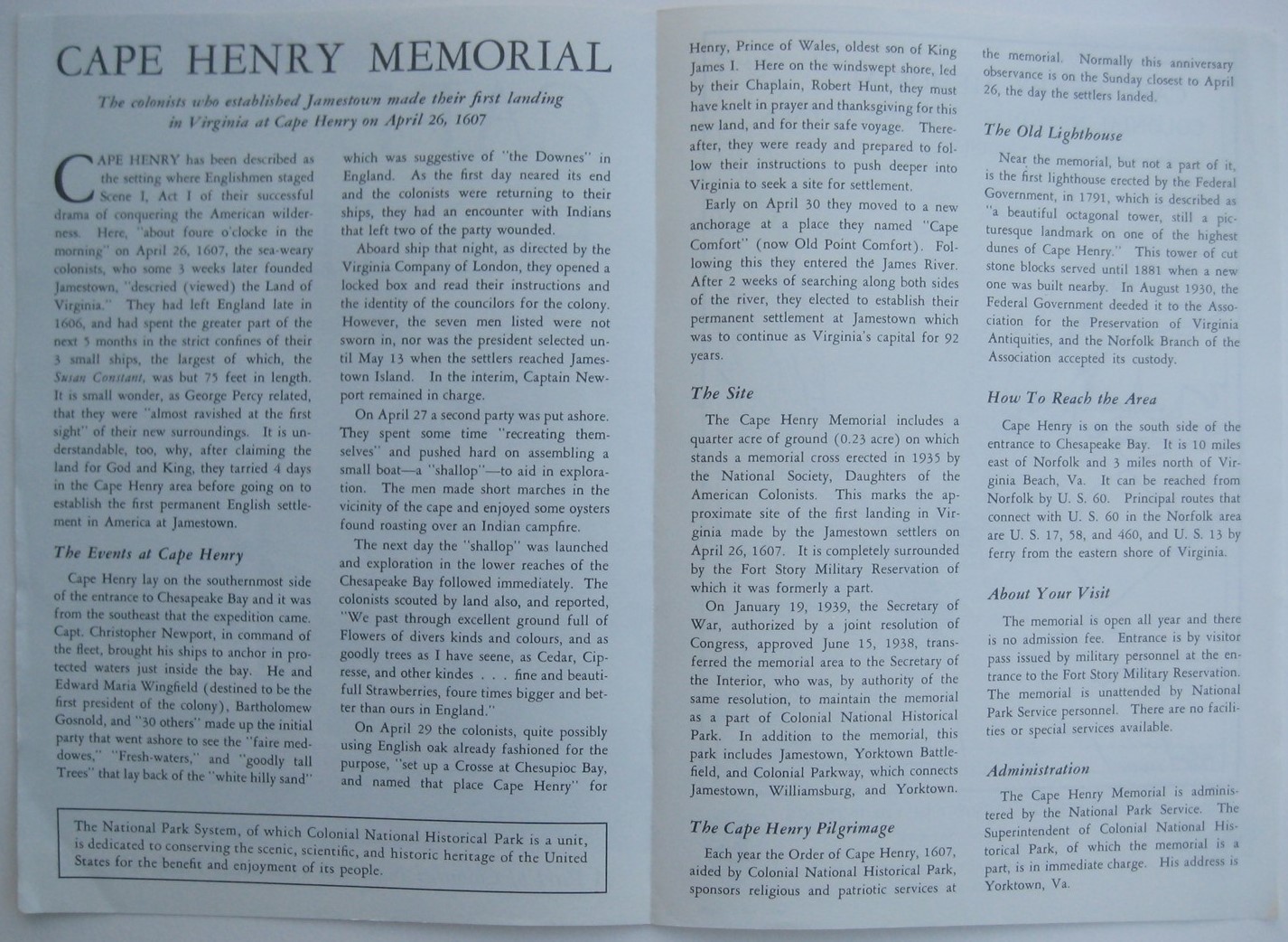 1960 Map Brochure CAPE HENRY MEMORIAL Colonial National Historical Park Virginia