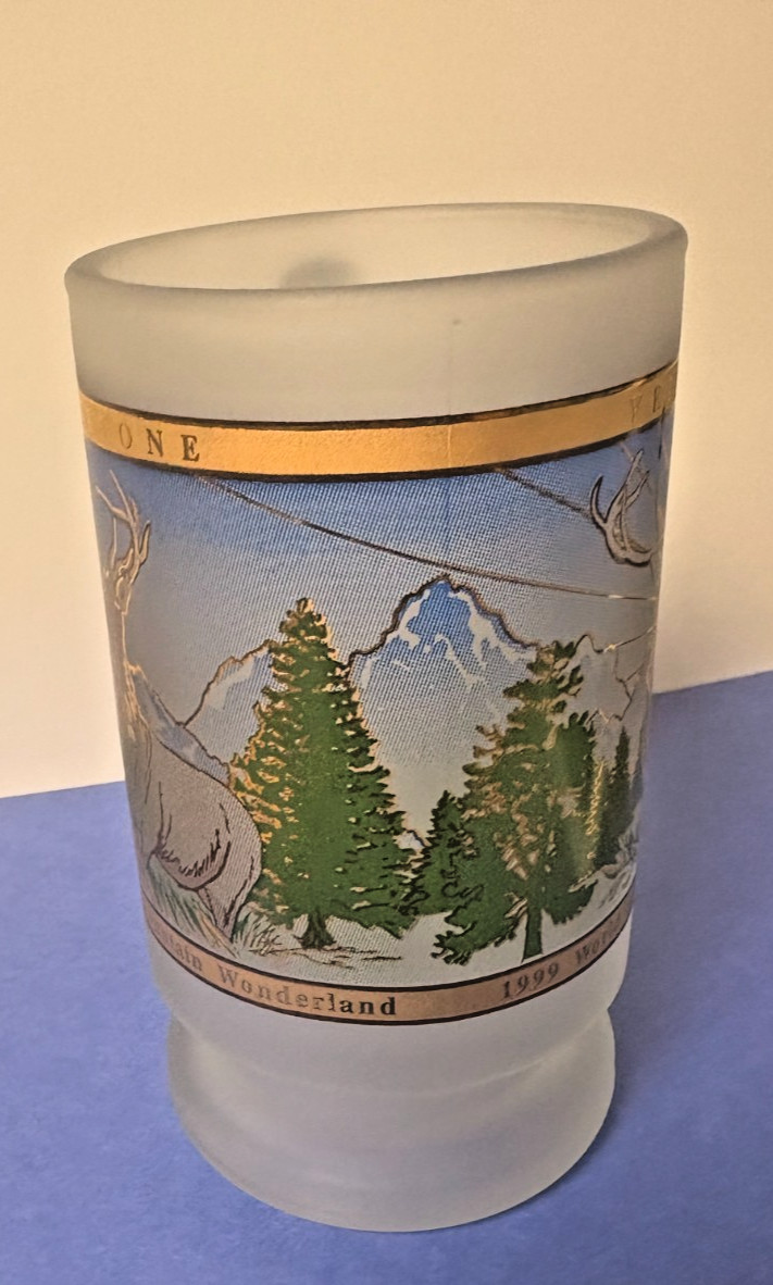 Vtg New 1999 YELLOWSTONE Worlds First National Park Frosted Glass Mug