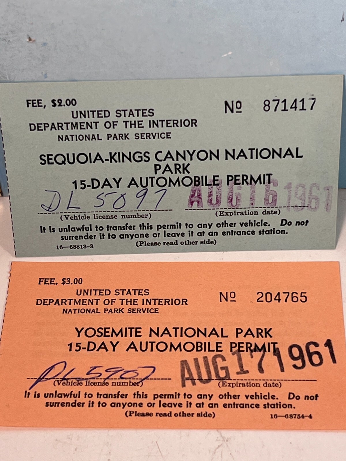1961 Sequoia Kings Canyon Natl Park parking ticket & Yosemite Natl Park ticket.