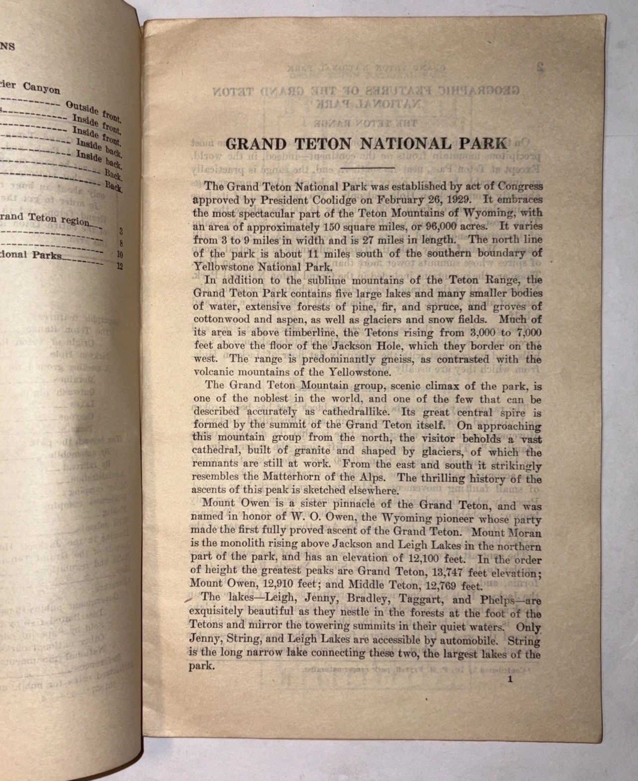 Grand Teton National Park Wyoming 1932 June To Sept Season Pamphlet Brochure