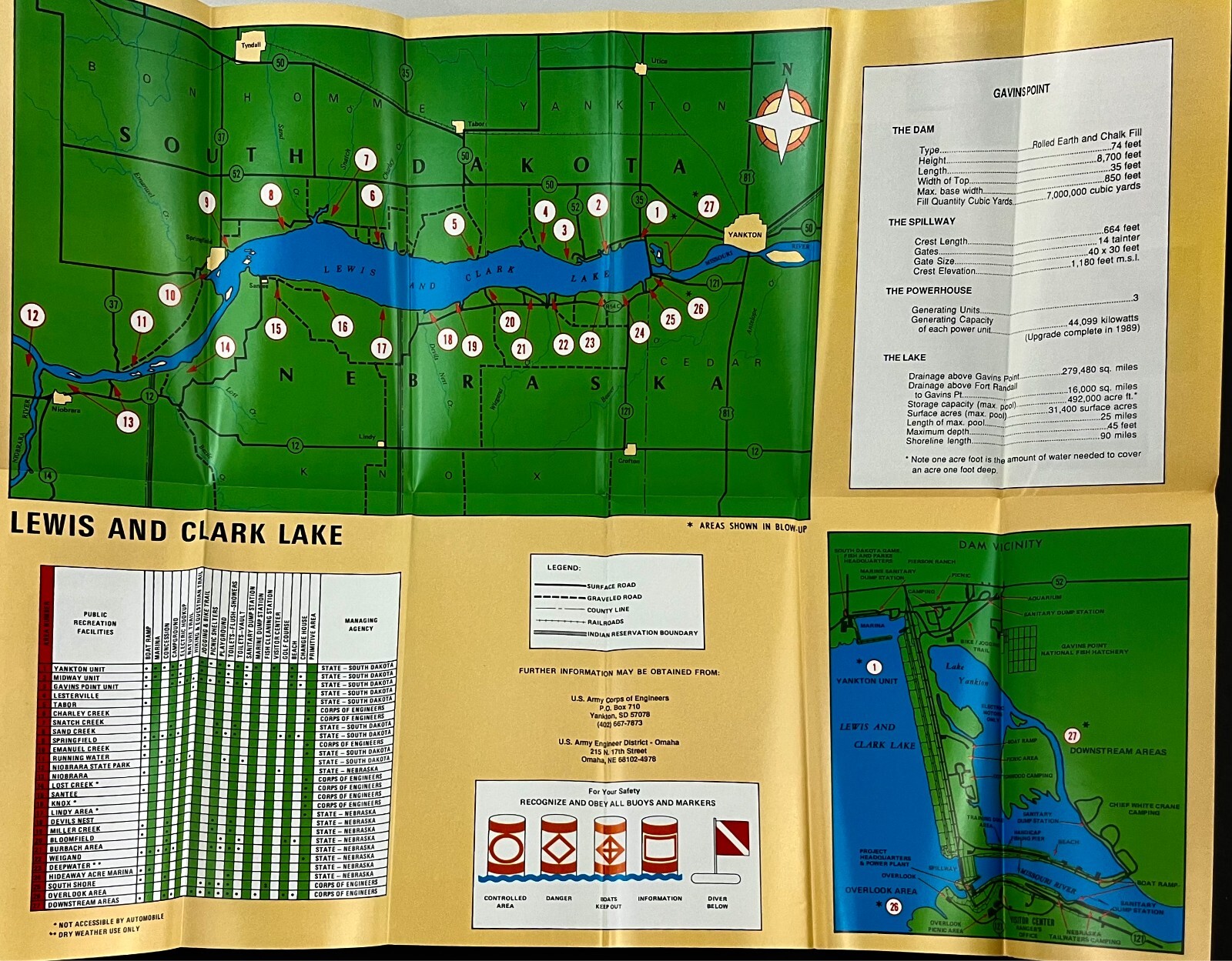 1980s US Army Engineer Corps Lewis Clark Lake Nebraska Dakota VTG Brochure Map