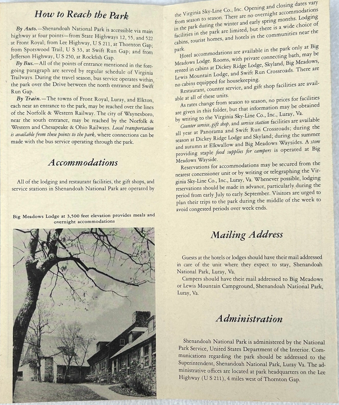 1950 Shenandoah National Park First Edition Brochure