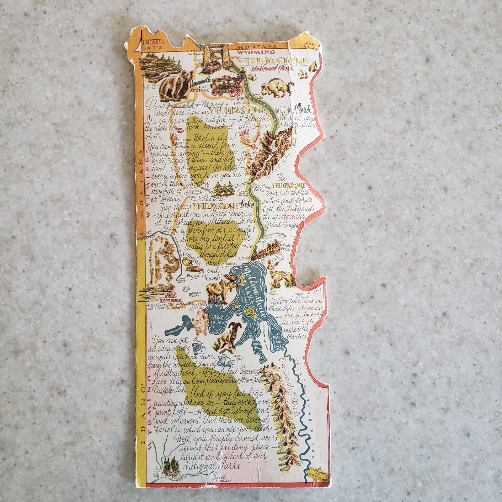 Vintage Yellowstone National Park Postcard Map DieCut 1948