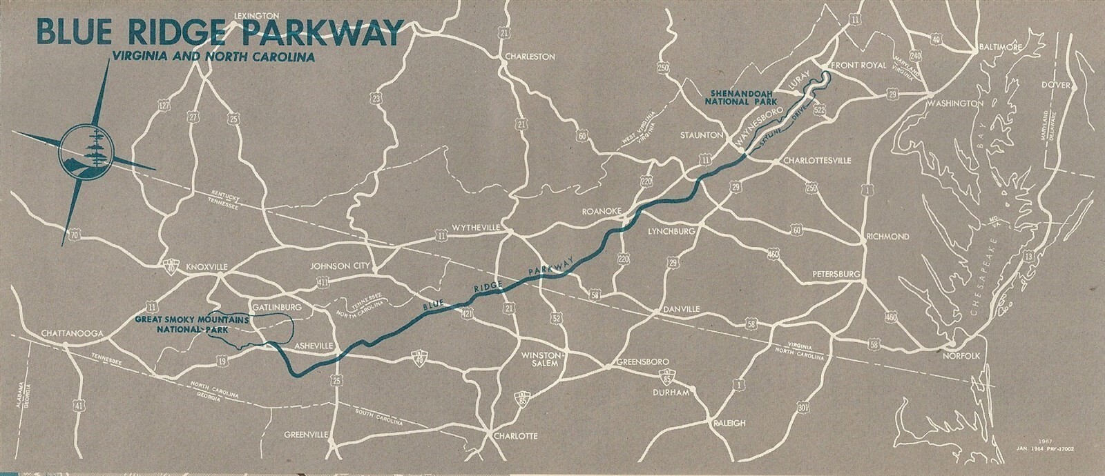 1968 National Park Service Road Map BLUE RIDGE PARKWAY Virginia North Carolina