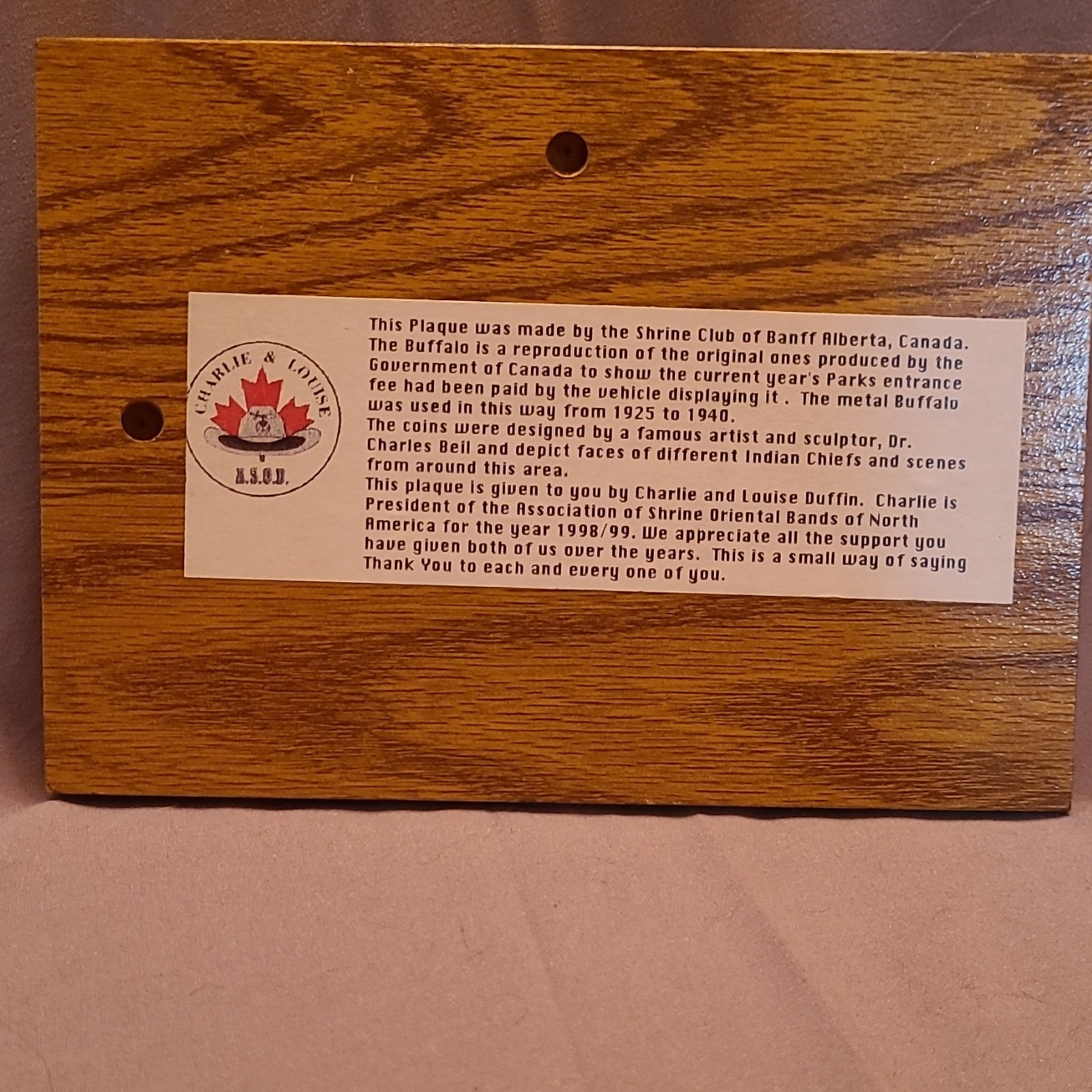 Vintage 1985 Banff National Park Centennial Commemorative Buffalo Plaque & Trade