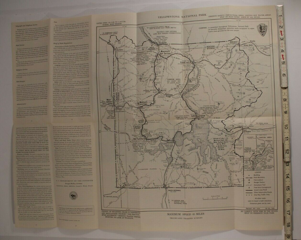 1955 Yellowstone National Park Inside Map Wyoming Montana Idaho Tourist Guide