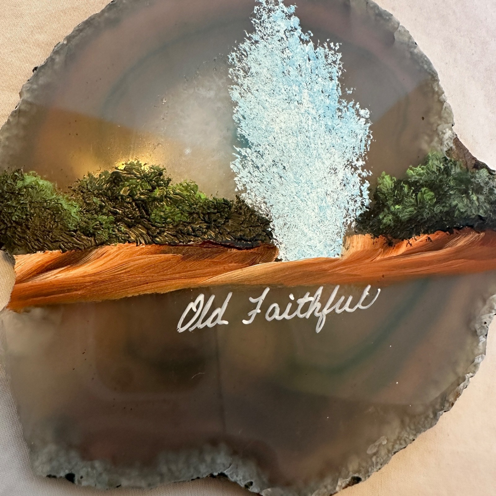 Vintage Old Faithful Yellowstone Painted Agate Slice Souvenir Stone Decor