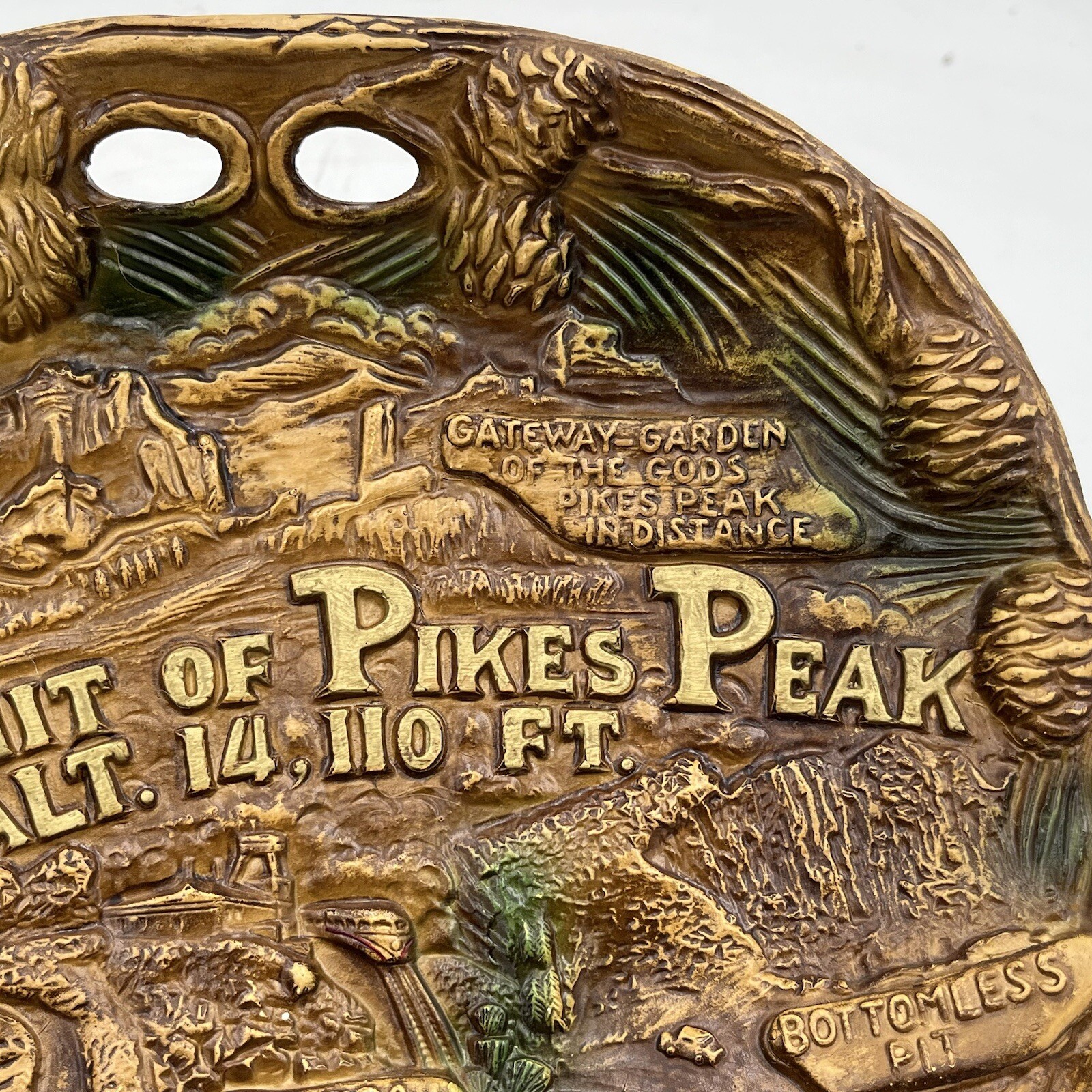 Vintage Pikes Peak Region Souvenir Faux Wood Bowl Plate Wall Hanging