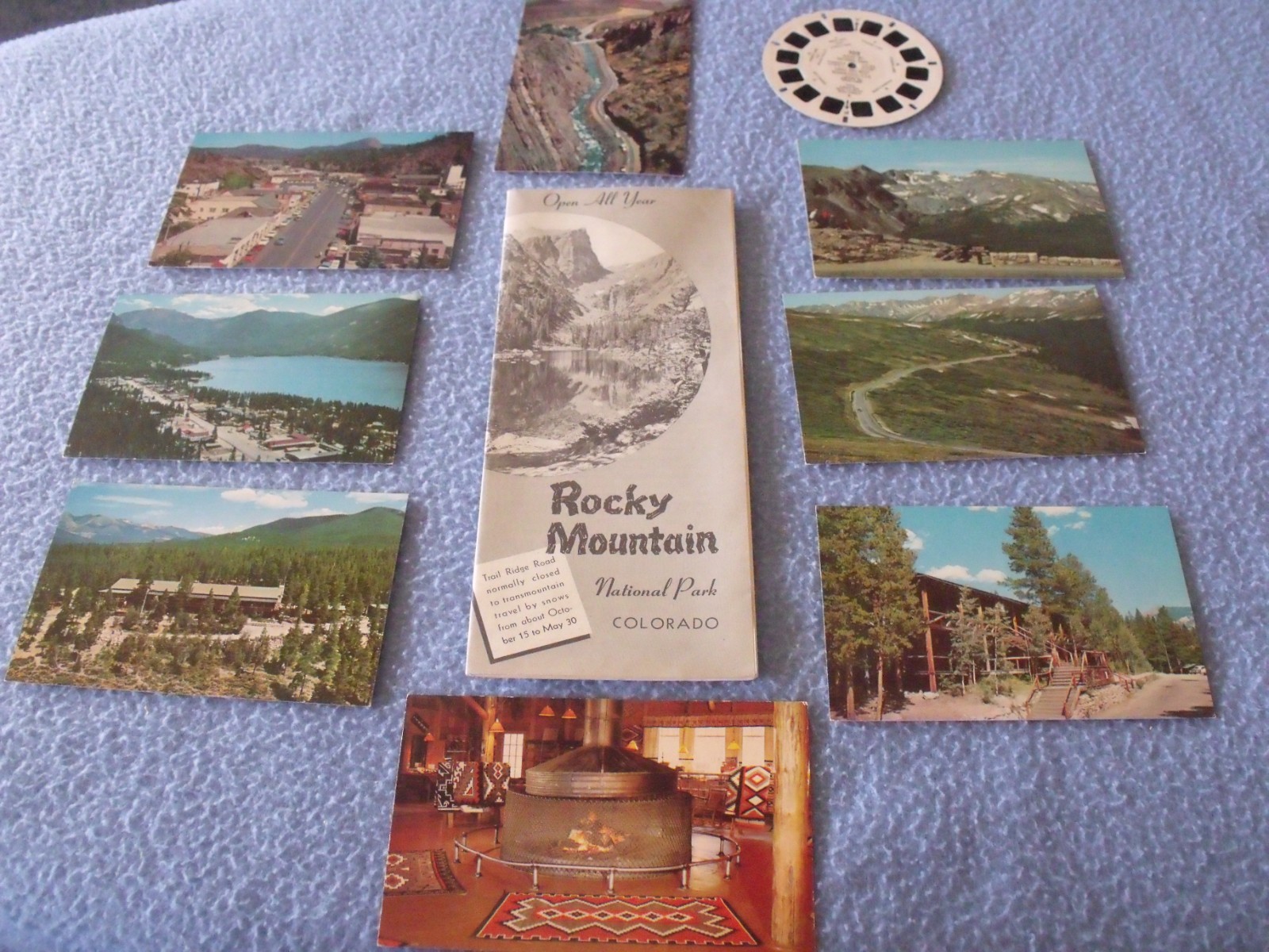 ROCKY MOUNTAIN NATIONAL PARK POST CARDS(8) AND TRAVEL PROCHURE WITH VIEW MASTER