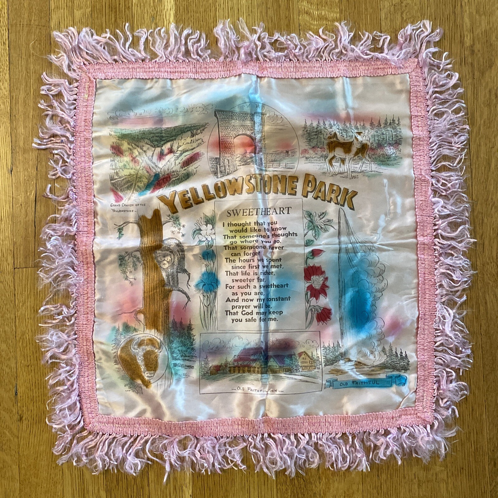 Vintage Yellowstone Park Souvenir Pillow Cover Pink Satin Sham w/ Fringe + Poem