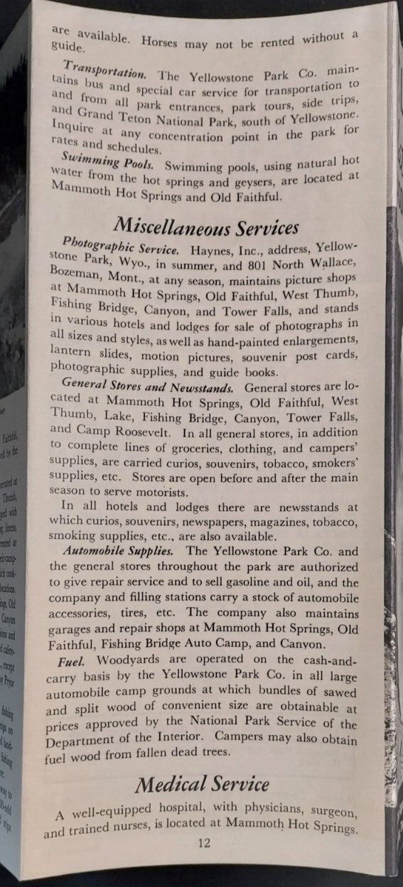 1949 Tourist Brochure Yellowstone National Park Map Falls Geysers Roads Trails