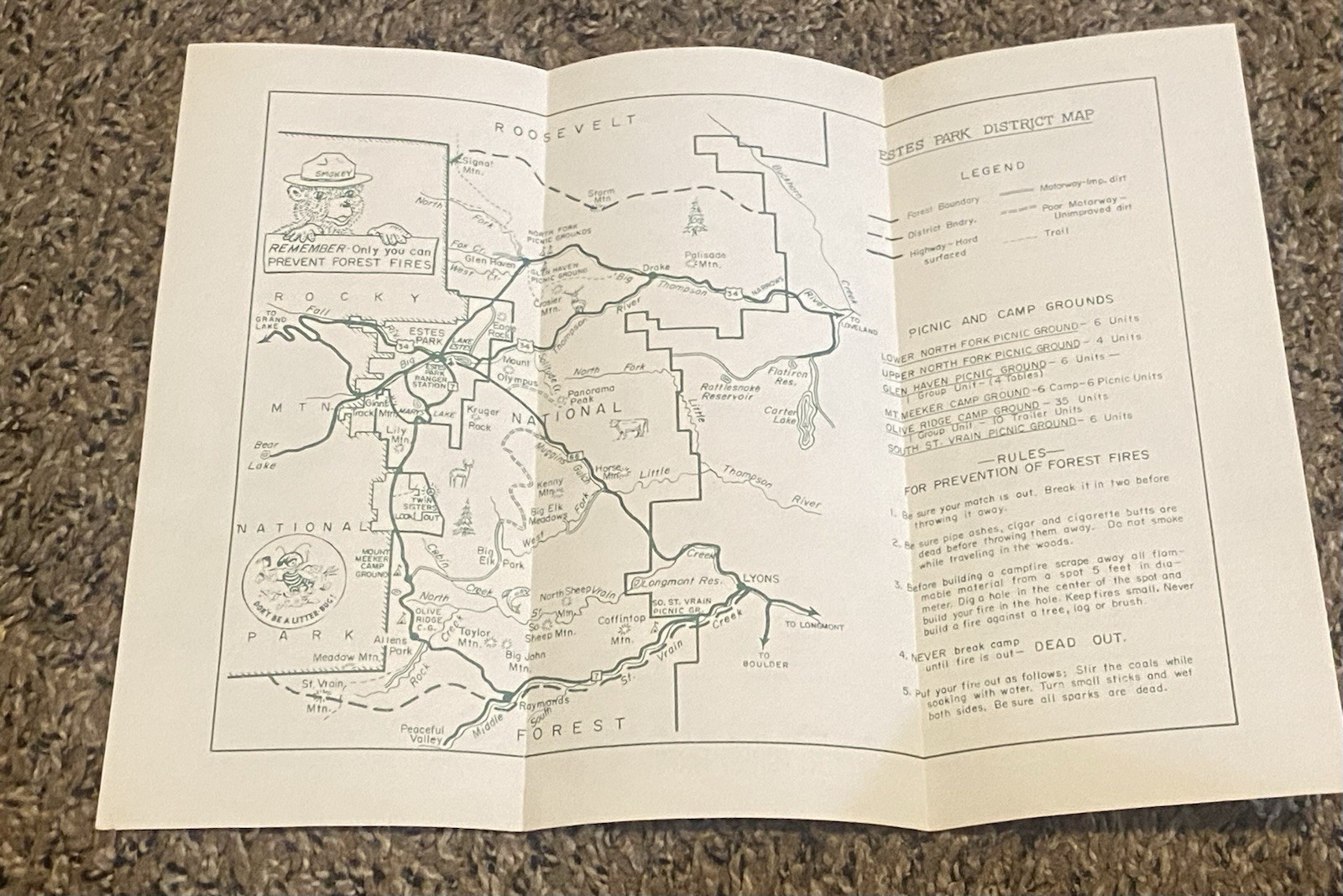 Vtg USDA Estes Park Roosevelt National Forest Brochure Map Smokey Bear Colorado