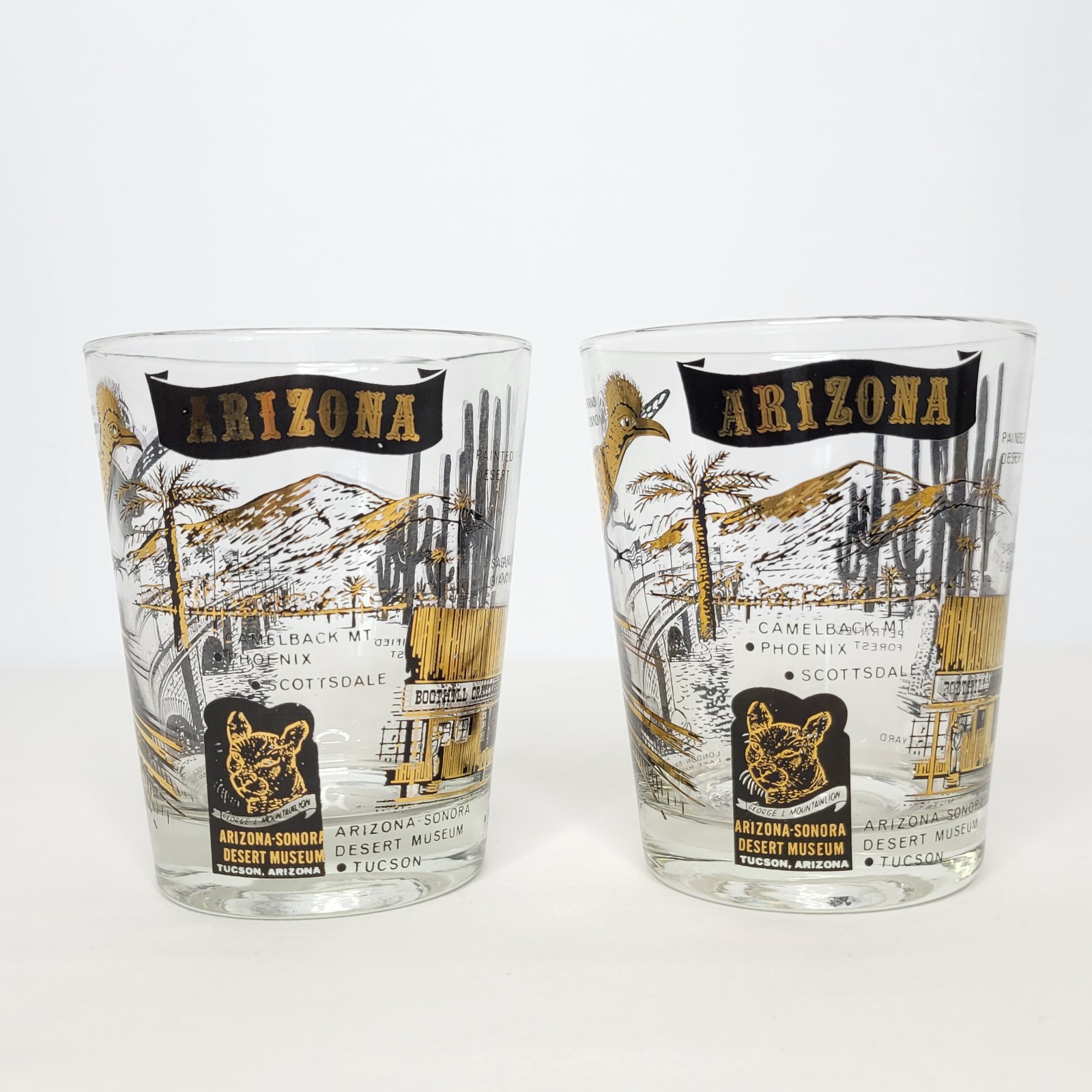 Set of 4 Vintage Mid Century Arizona Parks Low Ball Glasses Black and Gold