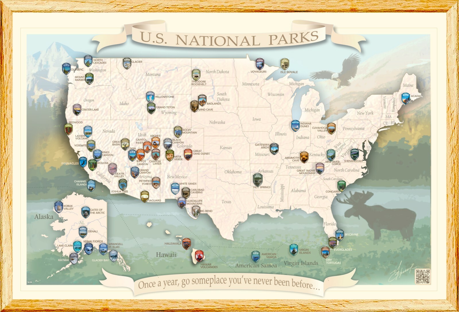 National Parks Map Push Pin and 3D Domed Stickers (rustic style frame)