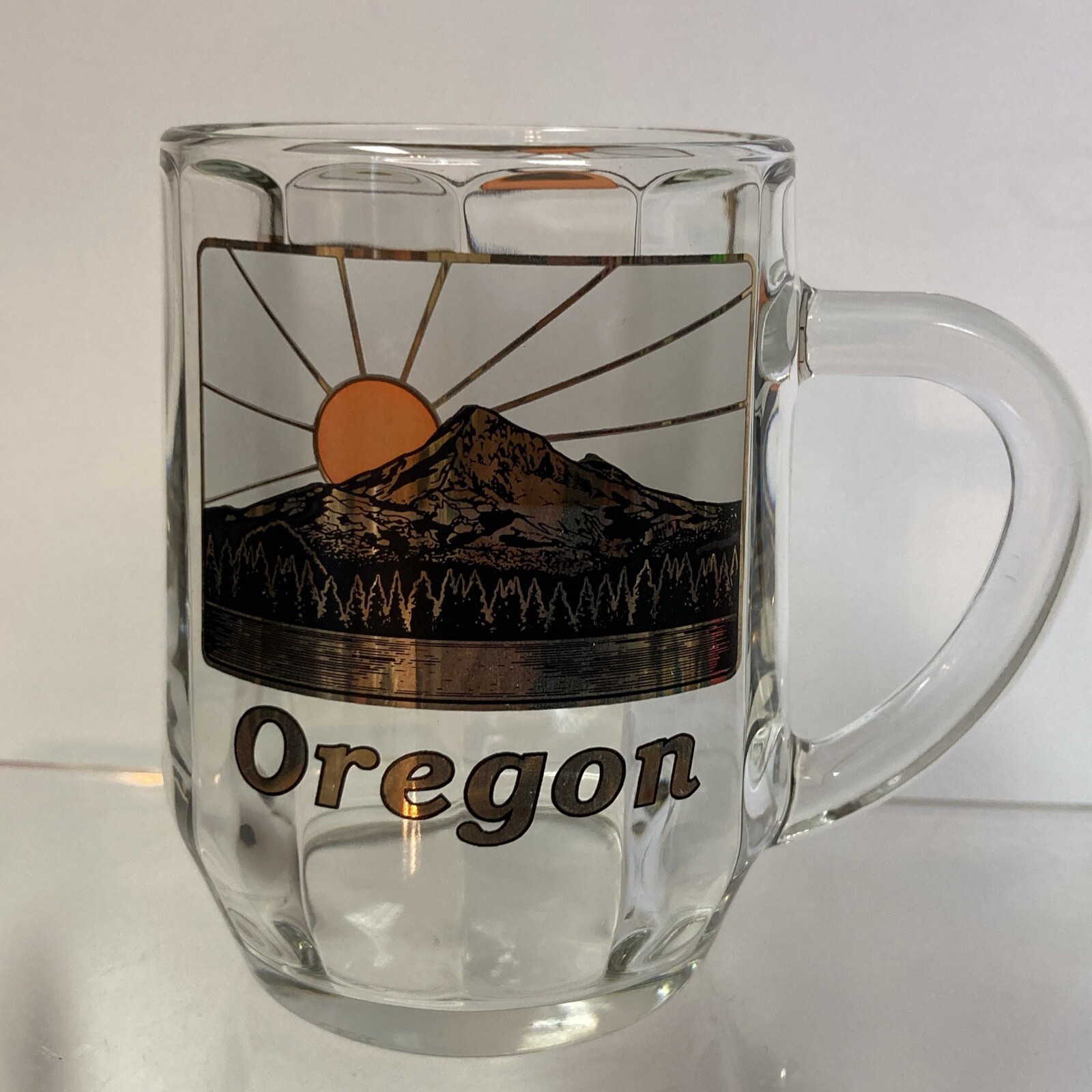 Oregon Coffee Mug Souvenir Glass 22K Gold Black Orange Mt. McLaughlin Sunset USA