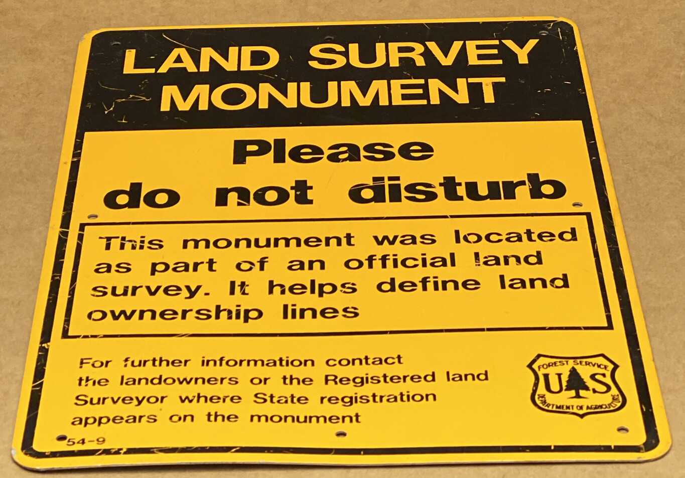 VINTAGE 1954 SIGN US FOREST SERVICE DEPARTMENT LAND SURVEY MONUMENT 10”x 7”
