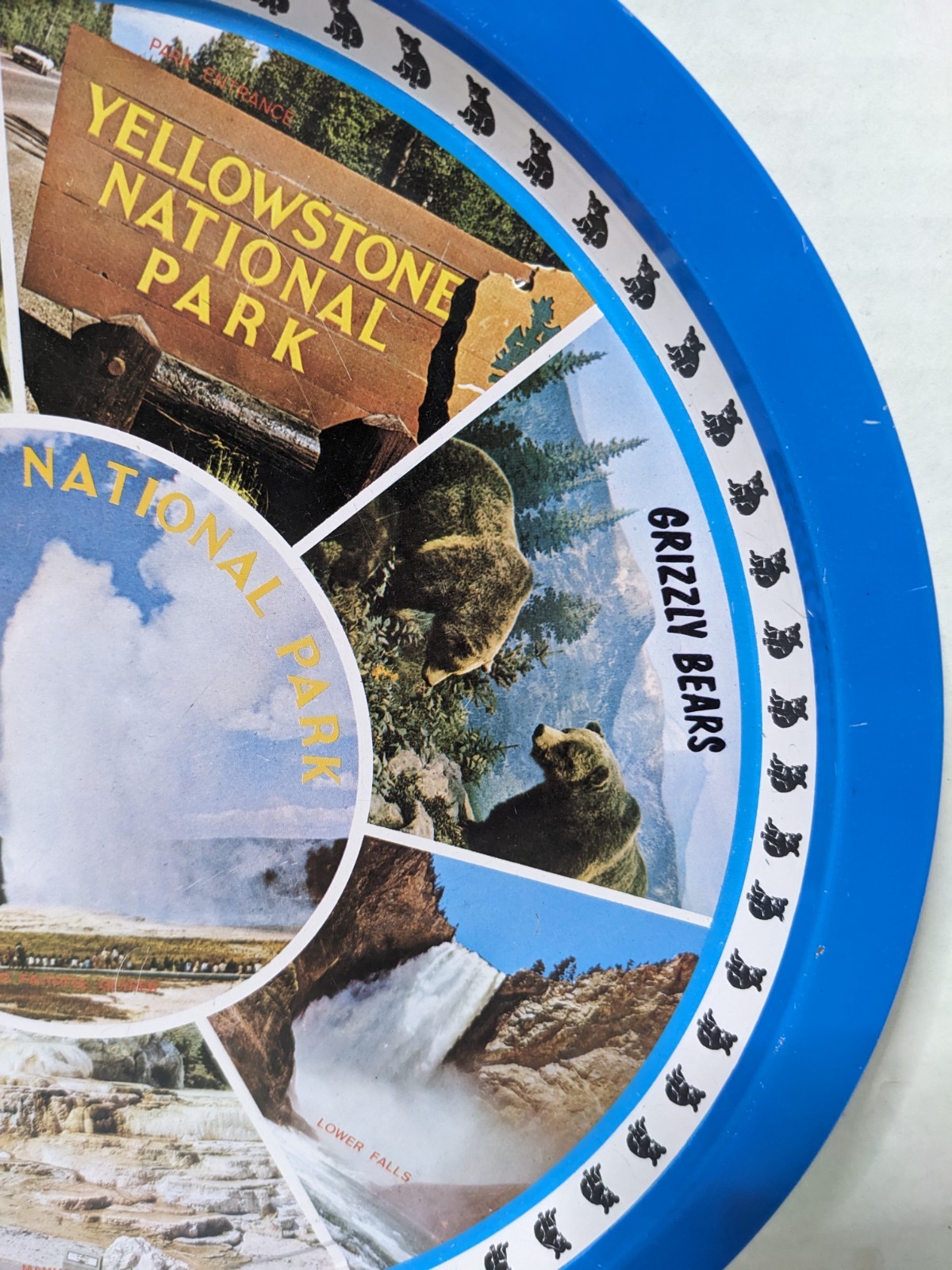 Yellowstone National Park Souvenir Tray Litho Metal 12.5″ Diameter Vintage