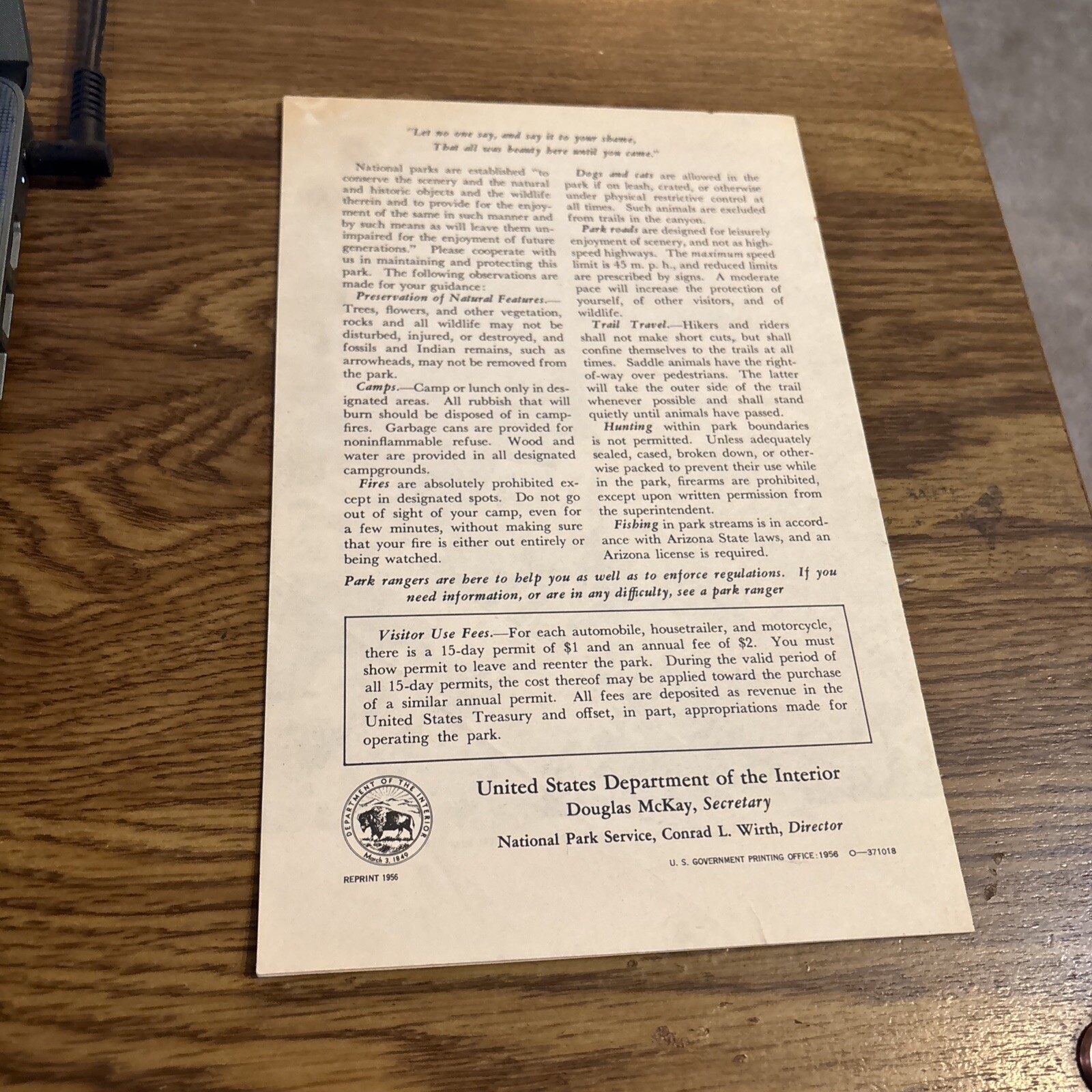 Grand Canyon National Park Info Pamphlet Reprint 1956