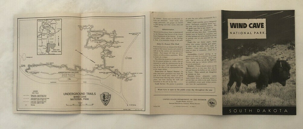 1954 WIND CAVE NATIONAL PARK South Dakota BUFFALO Map Vintage Travel