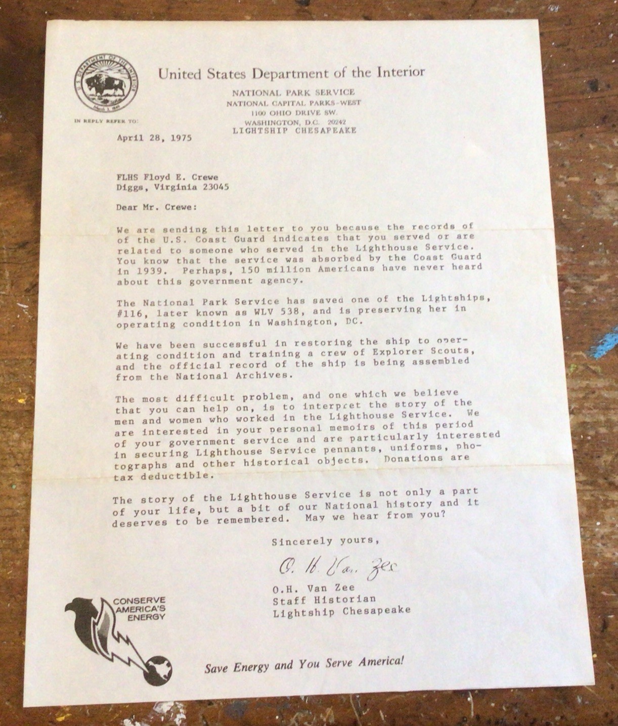 Dept. Of interior (2) Letters To Floyd Crewe former Crewman Lightship Chesapeake