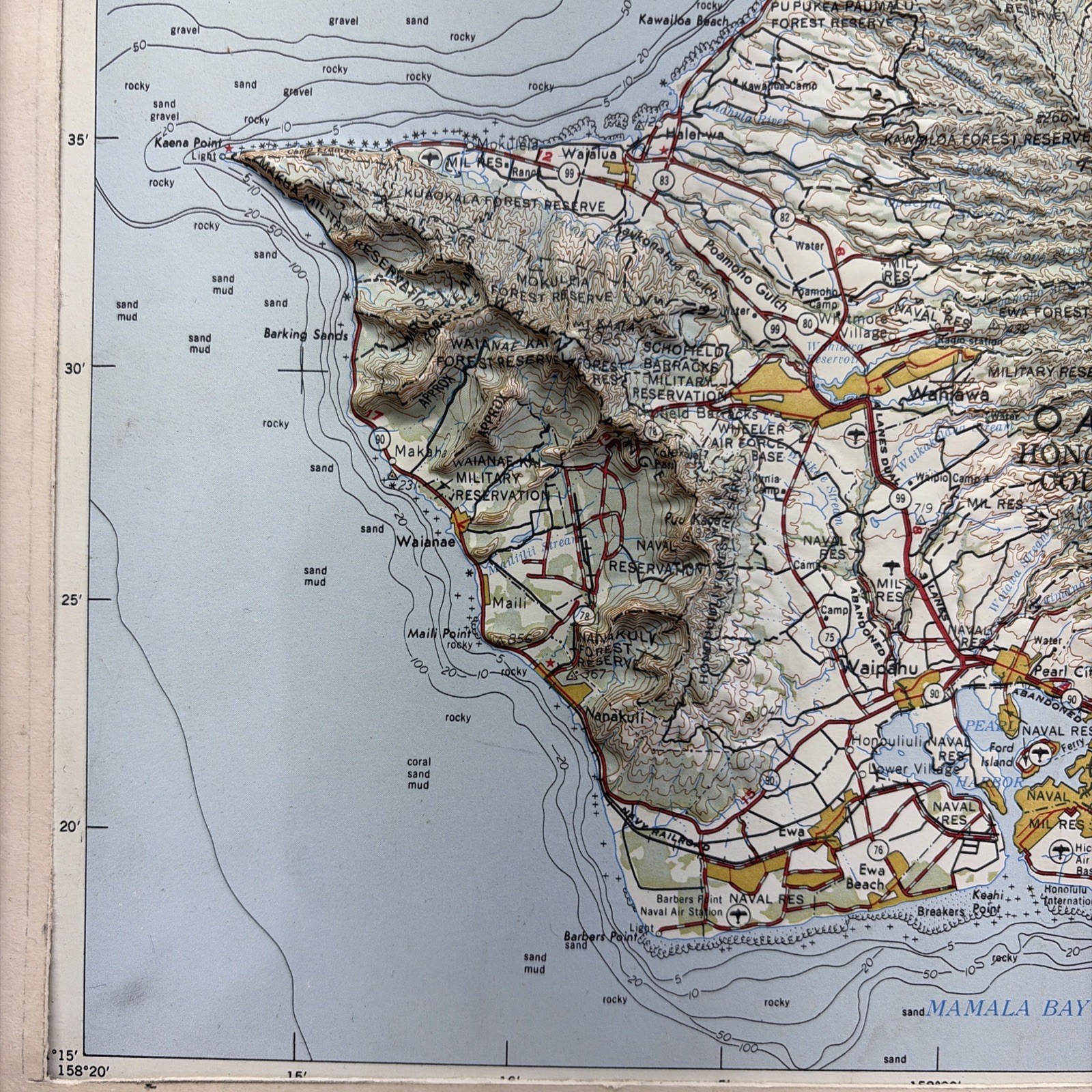 Raised Relief Map of the island of Oahu, Hawaii Honolulu 3D Framed Vintage