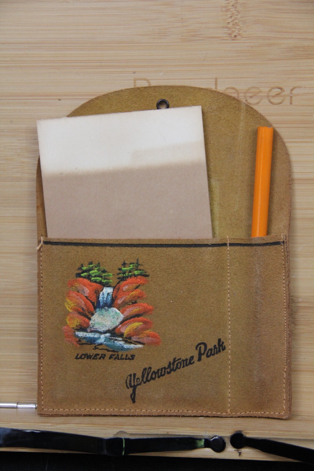 Vintage Yellowstone Park Lower Falls Leather note pencil souvenir Very Cute