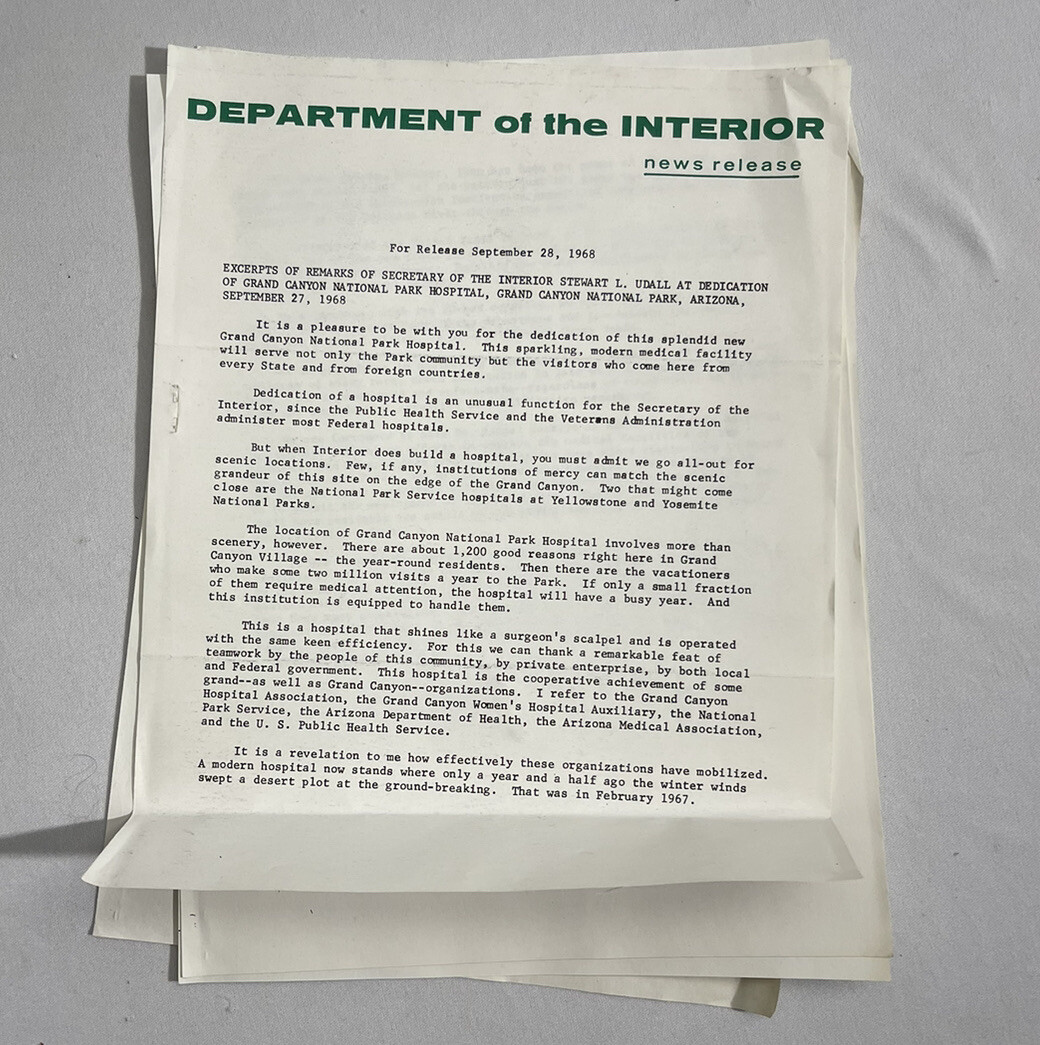 1968 Grand Canyon National Park Hospital Dedication Announcement Vtg News Memo