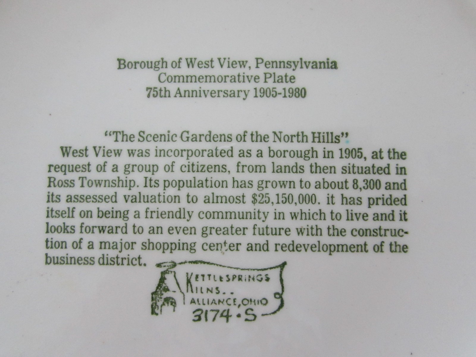 Vtg Borough of West View Horizons Park PA Commemorative Plate 75th Anniversary