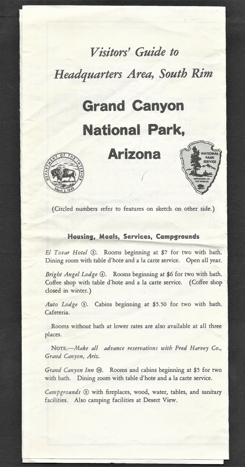 1955 Grand Canyon National Park Visitors Guide with Map