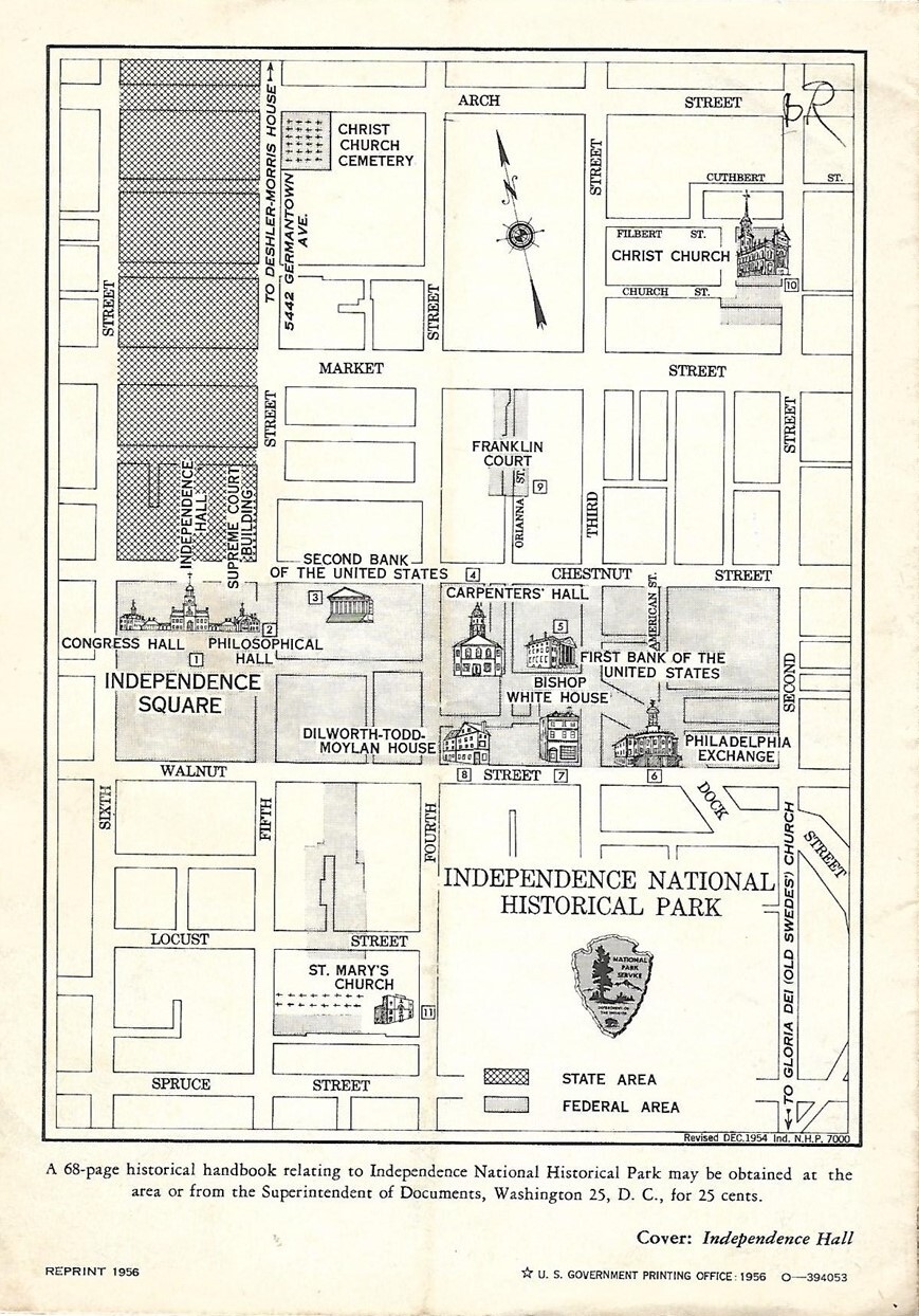 Original 1956 Map Brochure INDEPENDENCE NATIONAL HISTORICAL PARK Pennsylvania