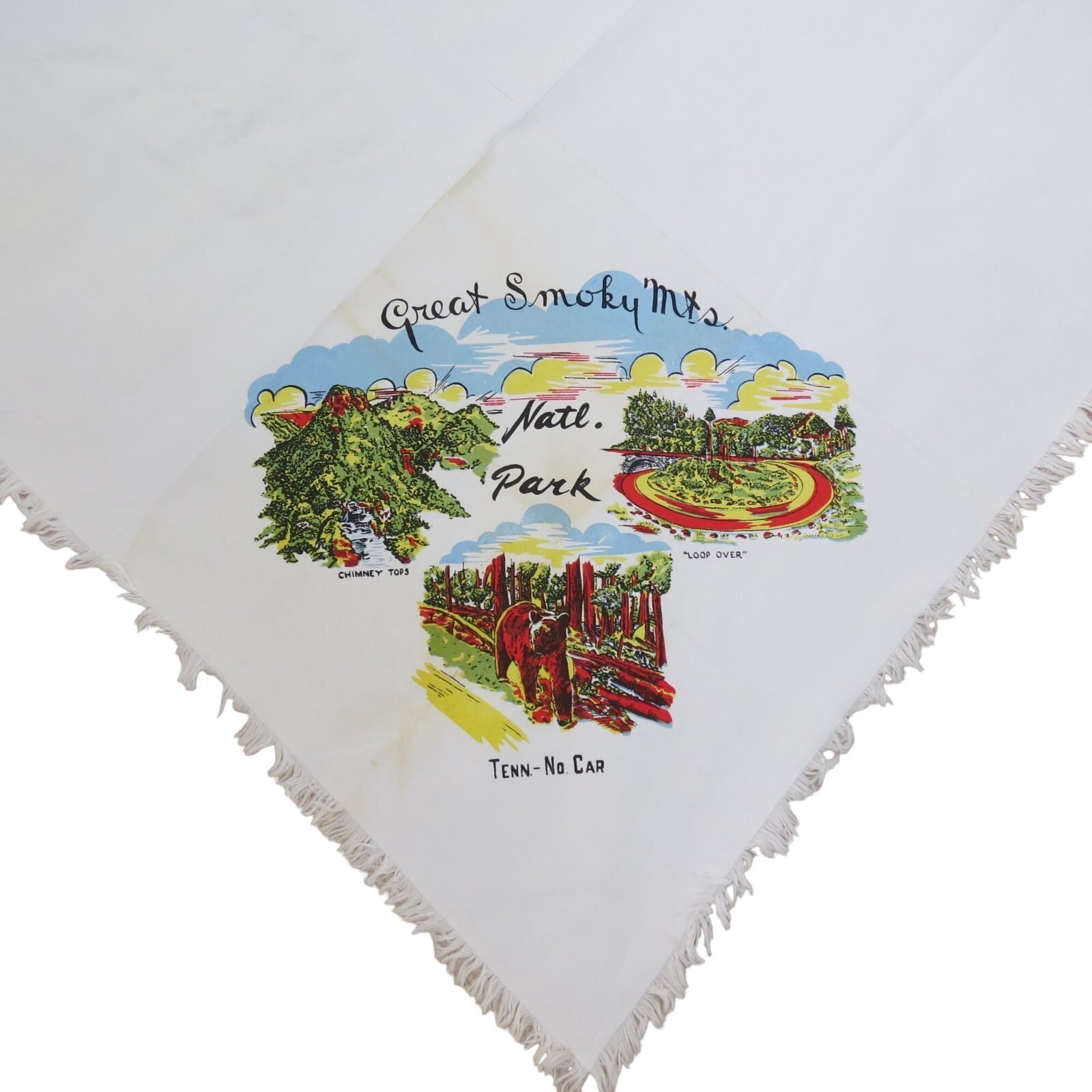 VINTAGE Great Smoky Mountains National Park Souvenir Scarf White Square Fabric