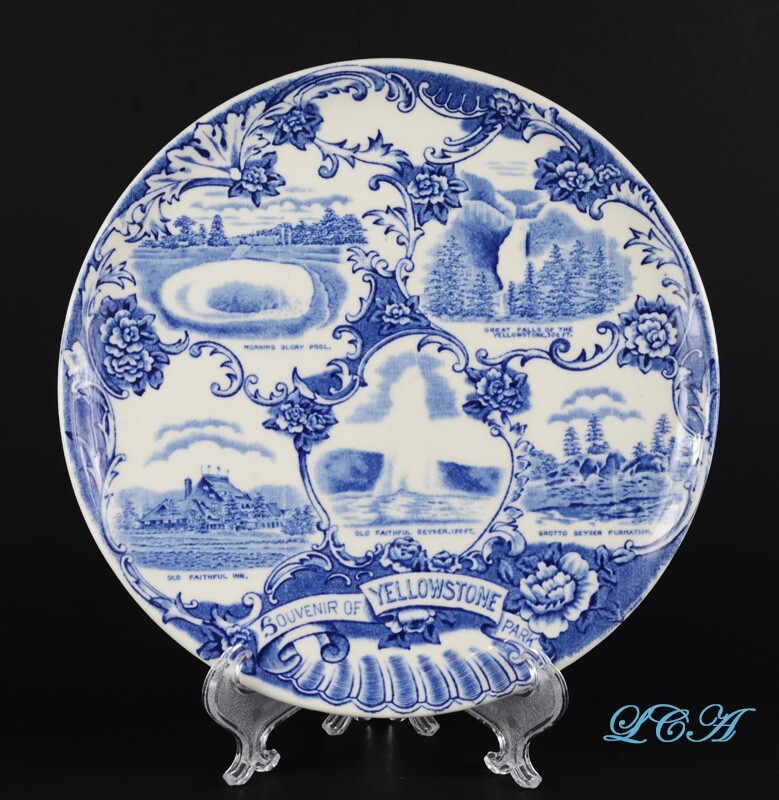 Antique YELLOWSTONE PARK plate BLUE WILLOW type pattern MONTANA & WYOMING