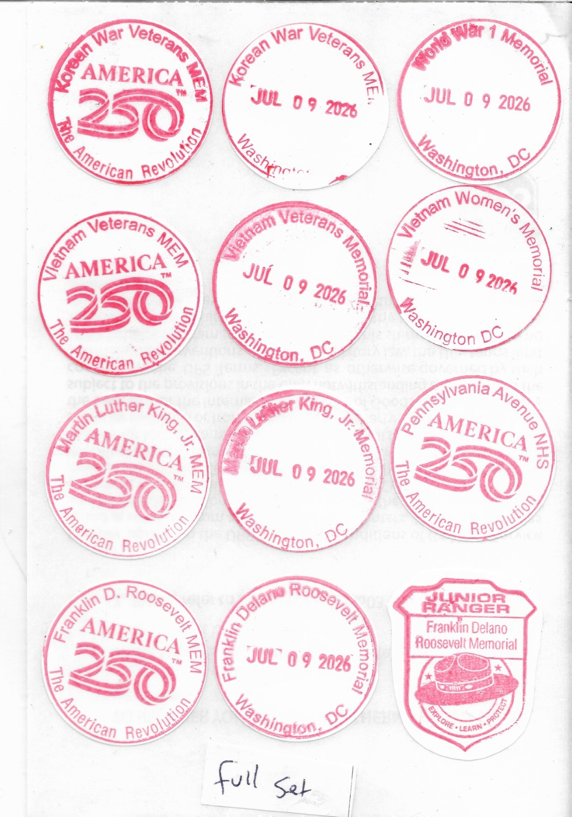 Washington DC Full Set America 250 NATIONAL PARK SERVICE PASSPORT STAMP Lot